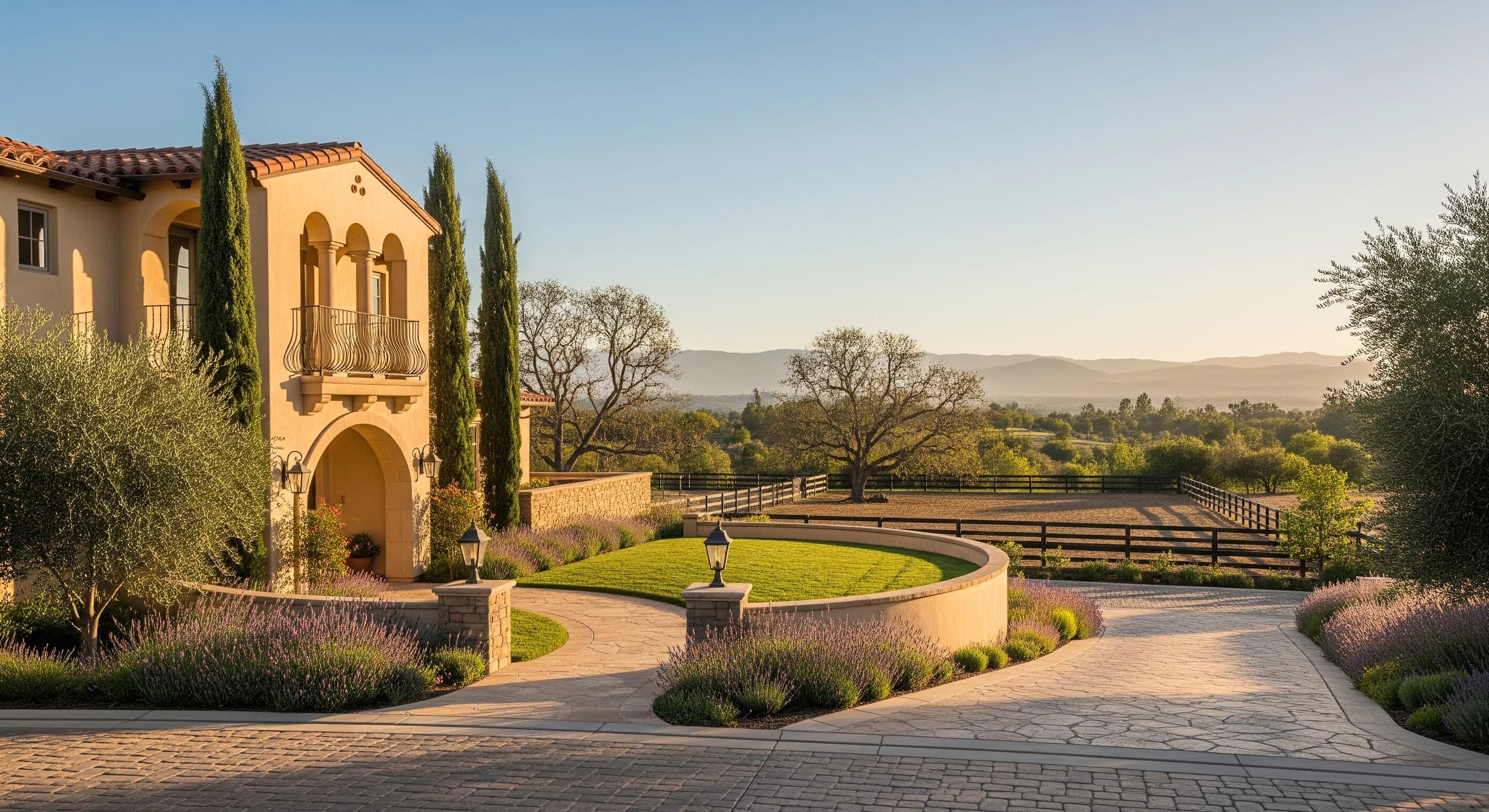 A Mediterranean-style estate at golden hour, with lavender borders, a circular lawn and the Temecula Valley hills behind it