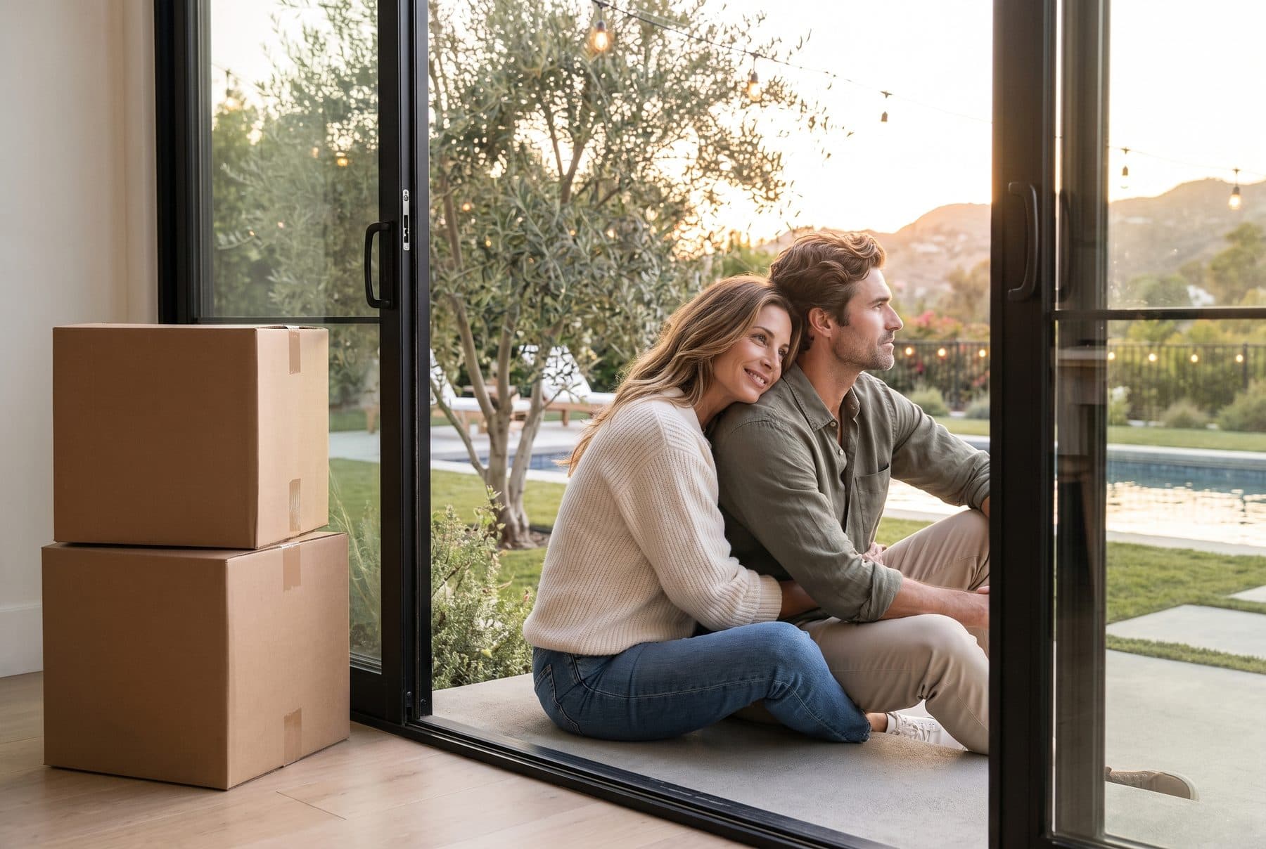 A couple sitting close in their open back doorway at sunset, two moving boxes stacked inside