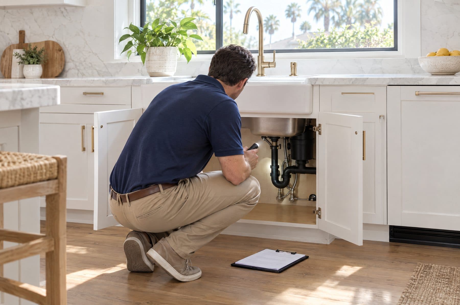 A home inspector checking the plumbing under a kitchen sink with a flashlight