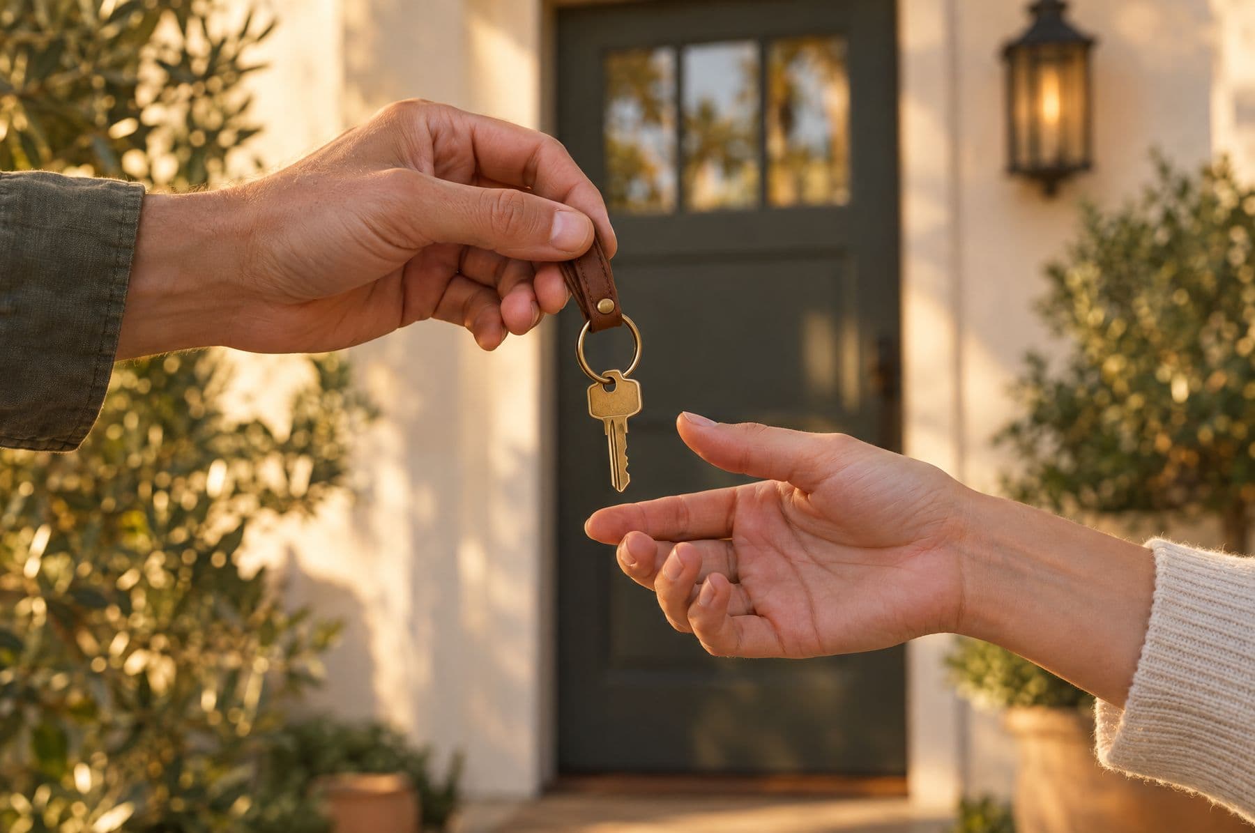 One hand passing a house key to another in front of a front door