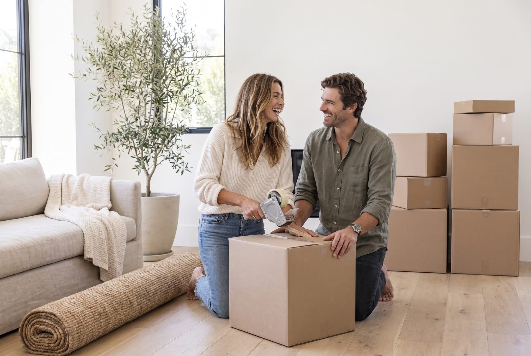 A couple laughing while they tape up a moving box in a bright living room