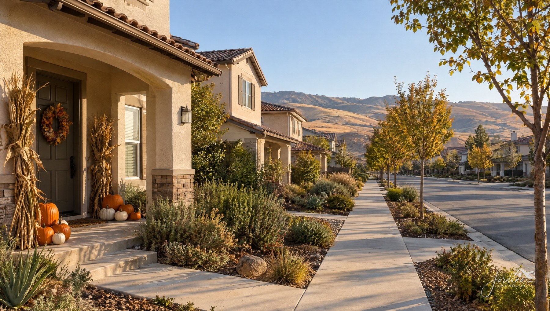 Pumpkins, corn stalks and a fall wreath on the front porch of a stucco home, looking down a quiet street toward golden hills