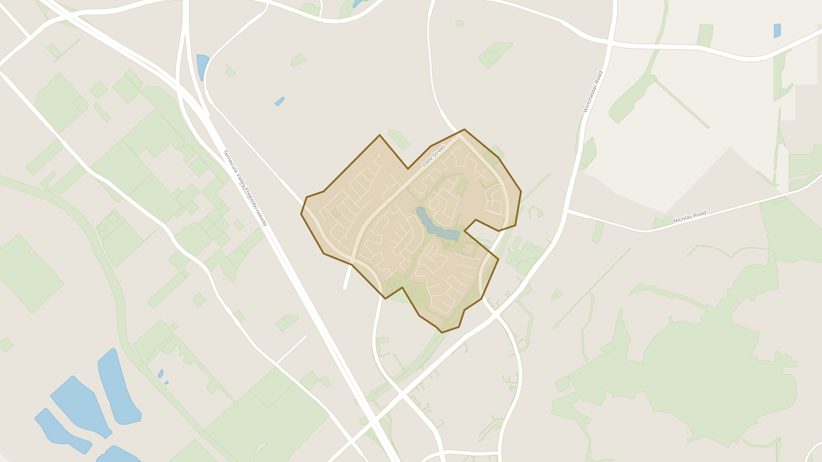 Map showing the boundary of Harveston and the communities around it