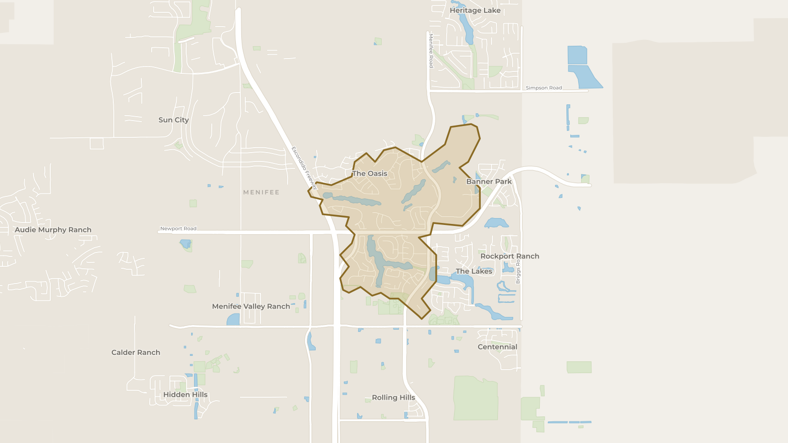 Map showing the boundary of Menifee Lakes and the communities around it
