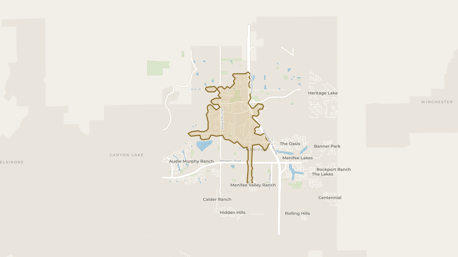 Map showing the boundary of Sun City and the communities around it