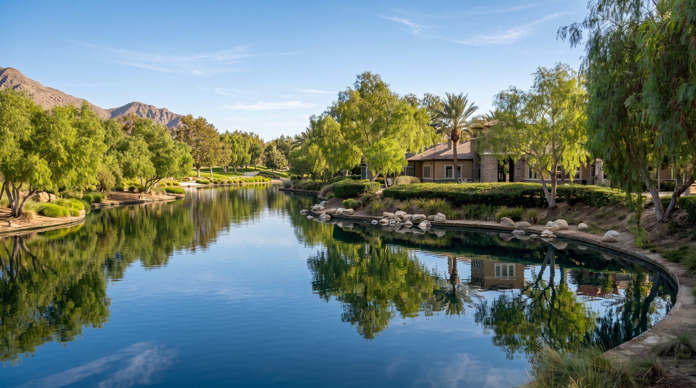 The Heritage Lake clubhouse seen across still water, with willows along the shore in Menifee