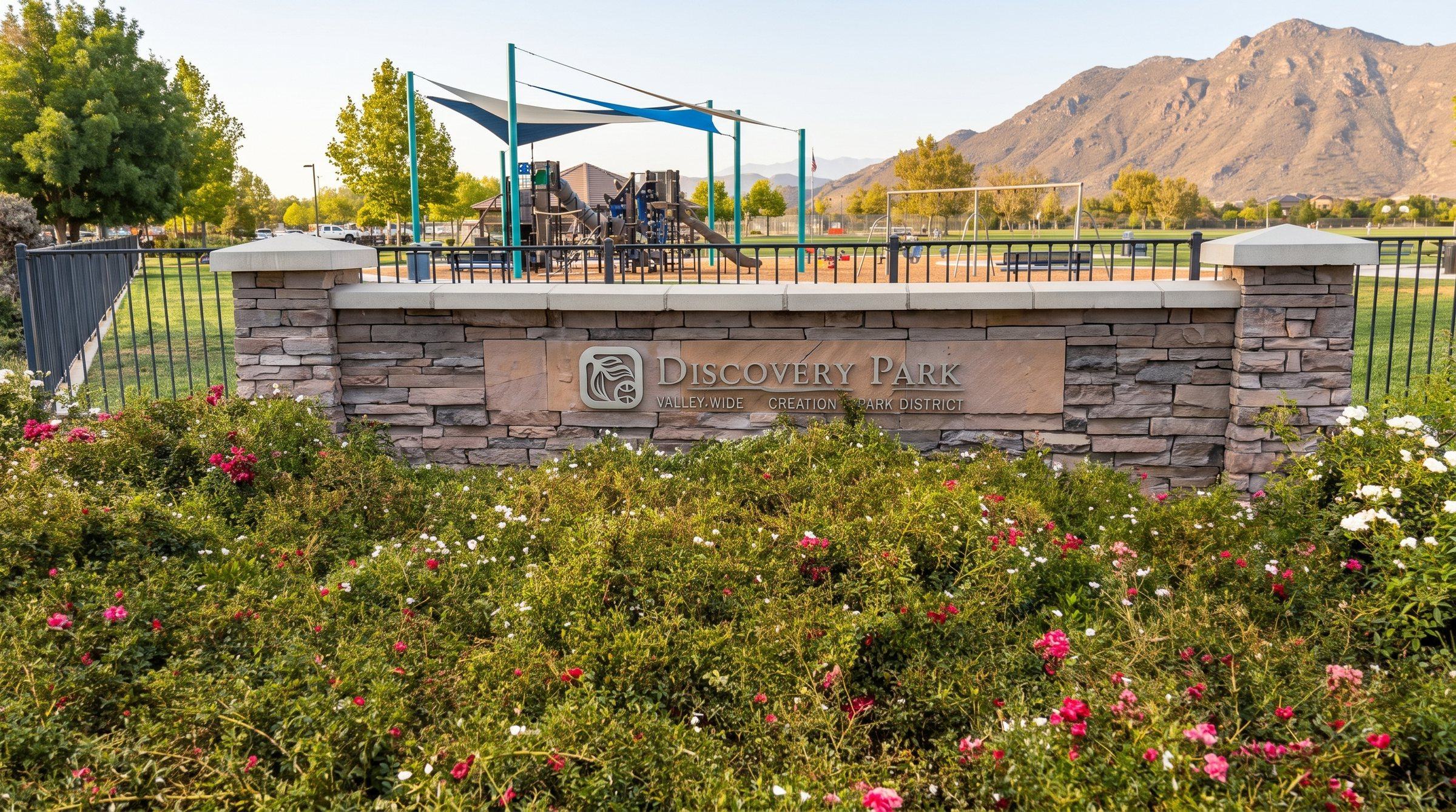 Discovery Park sign and playground in Heritage Lake, Menifee, with the hills behind