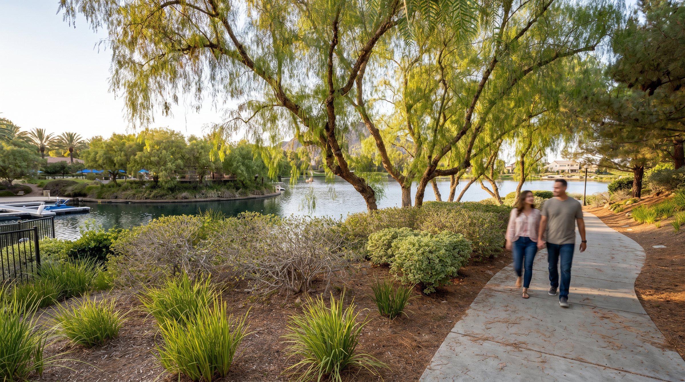 A couple walking the paved path along the lake at Heritage Lake in Menifee in the evening