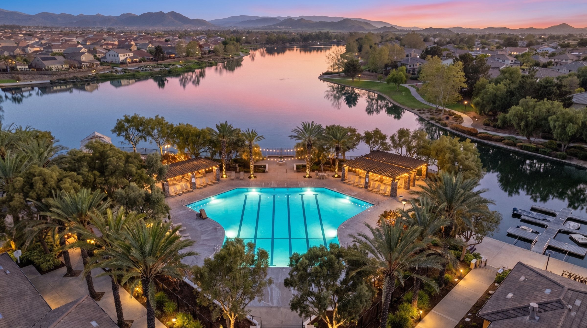The clubhouse pool on the lake at Heritage Lake in Menifee, lit up at dusk