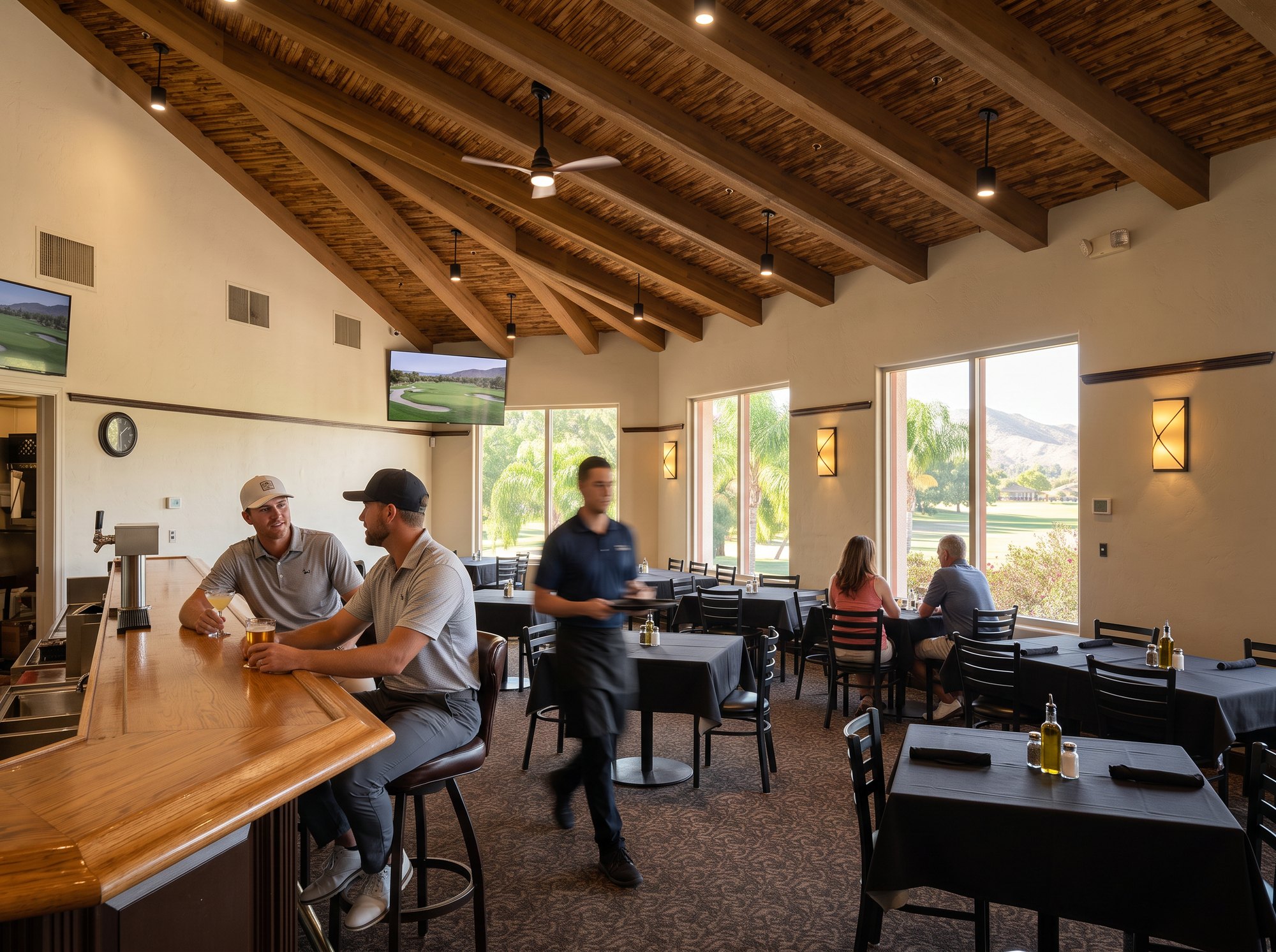 Golfers at the bar of Menifee Lakes Country Club, looking out over the course next to The Oasis