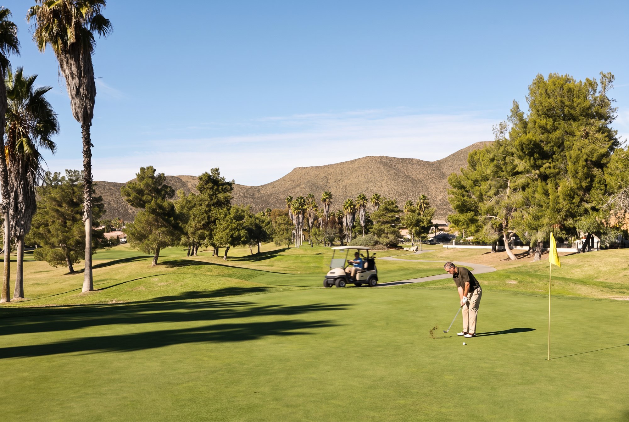 A golfer chipping onto the green with his golf cart nearby at Menifee Lakes Country Club, next to The Oasis