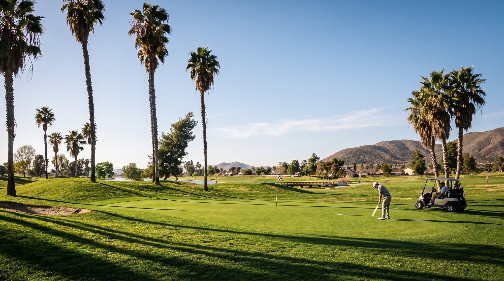 A golfer on the green at Menifee Lakes golf course beside The Oasis, Menifee