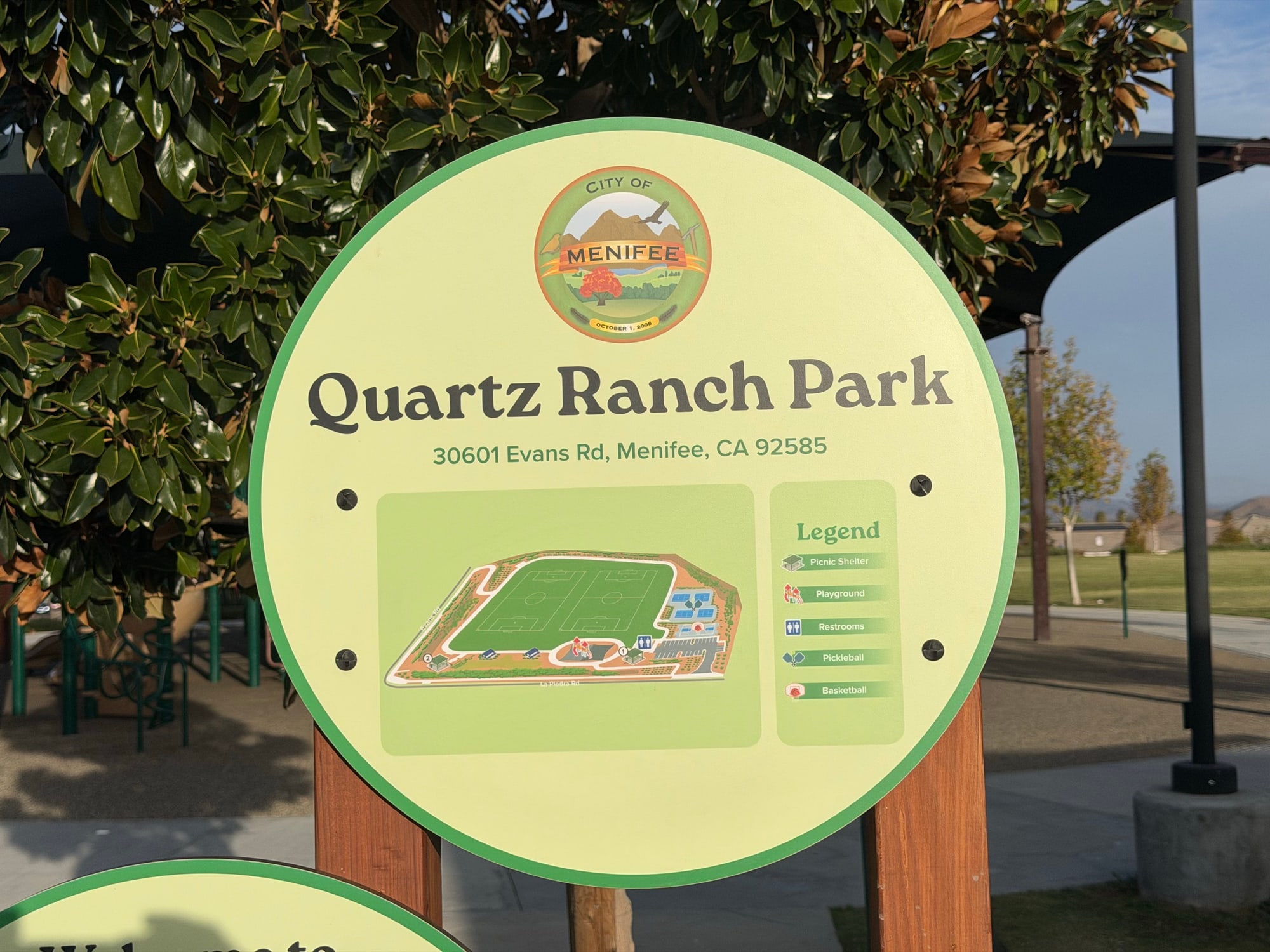 The Quartz Ranch Park sign, a City of Menifee park at 30601 Evans Road
