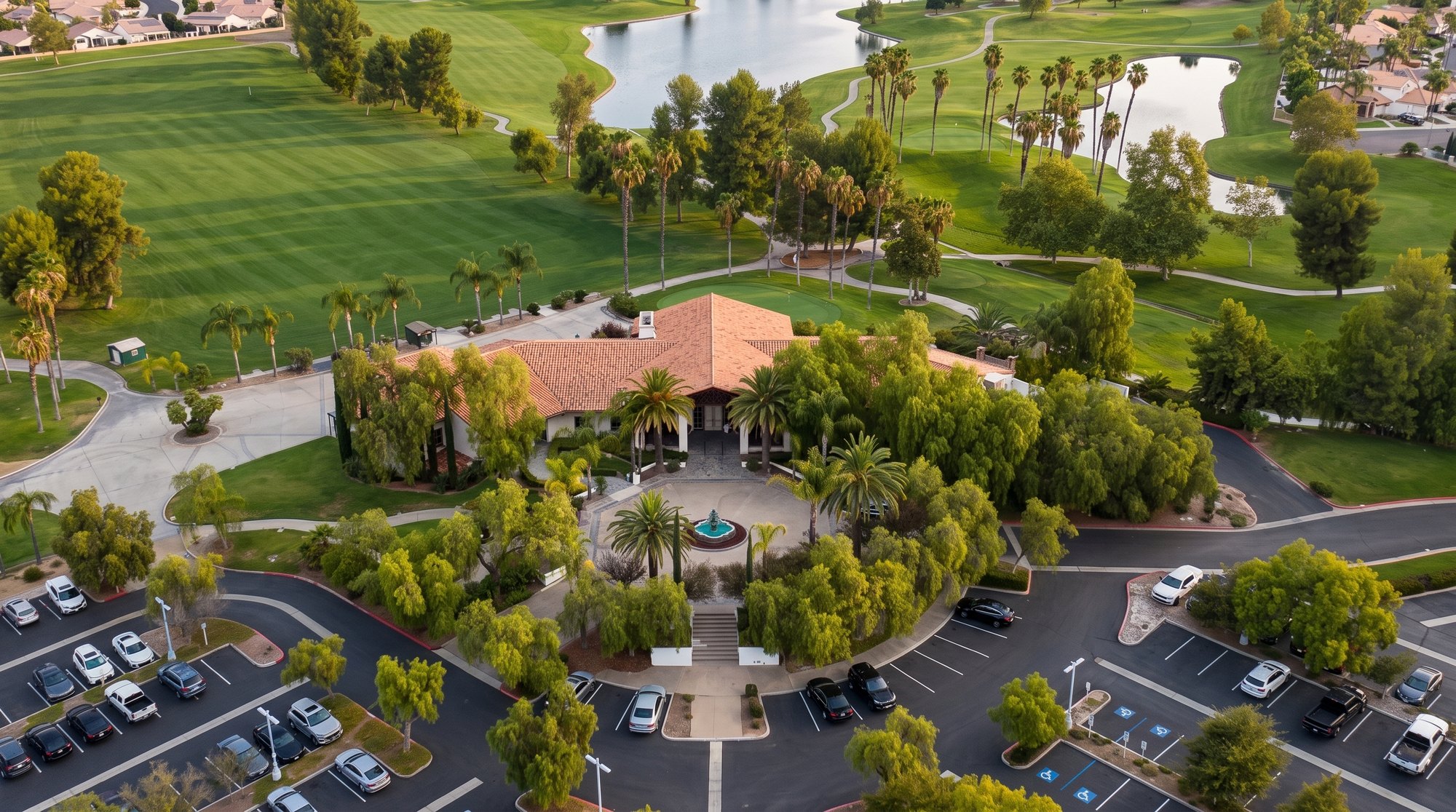 Aerial view of the Menifee Lakes Country Club clubhouse, its fountain drive and the course lakes beside The Oasis in Menifee
