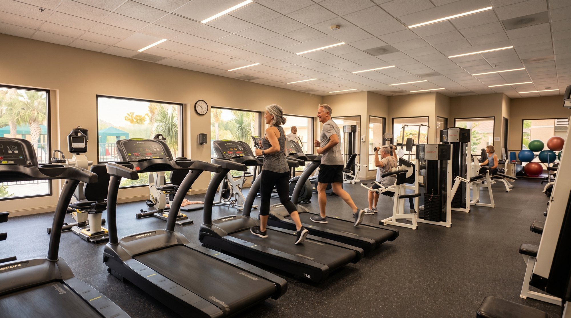 Residents working out on treadmills and machines in the clubhouse fitness room at The Oasis in Menifee