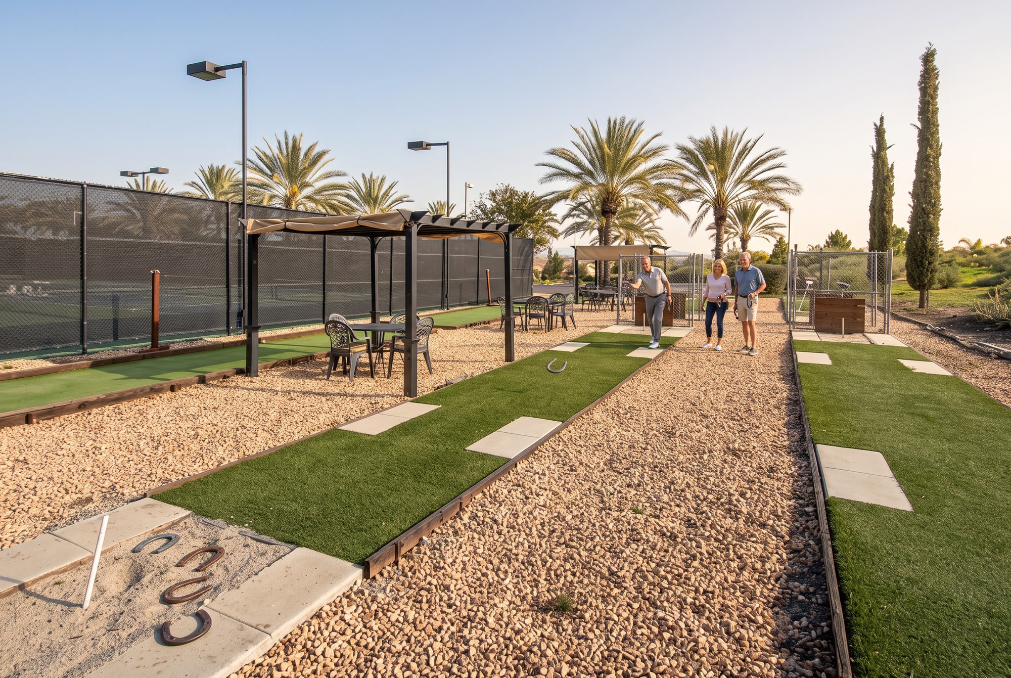 Residents pitching horseshoes at the horseshoe pits beside the tennis courts at The Oasis, Menifee