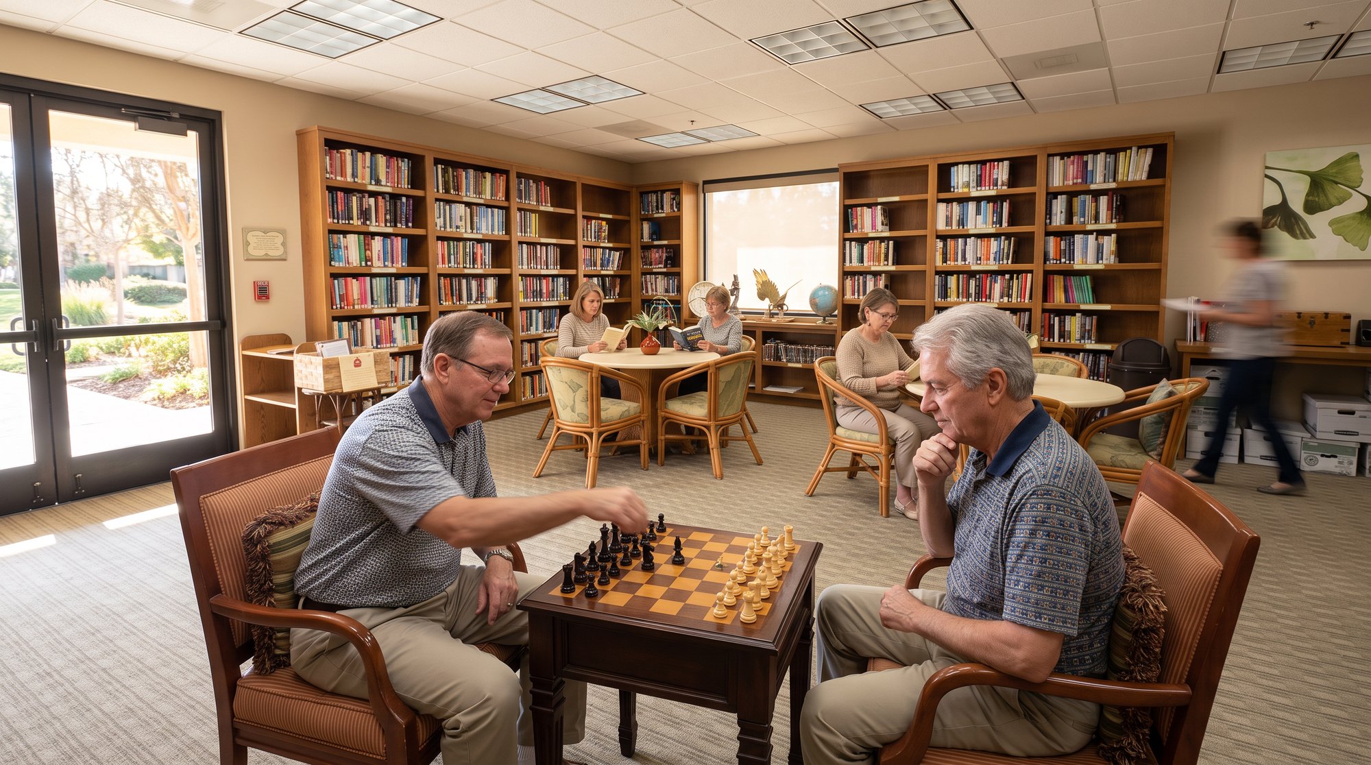 Friends playing chess in the clubhouse library at The Oasis 55+ community in Menifee