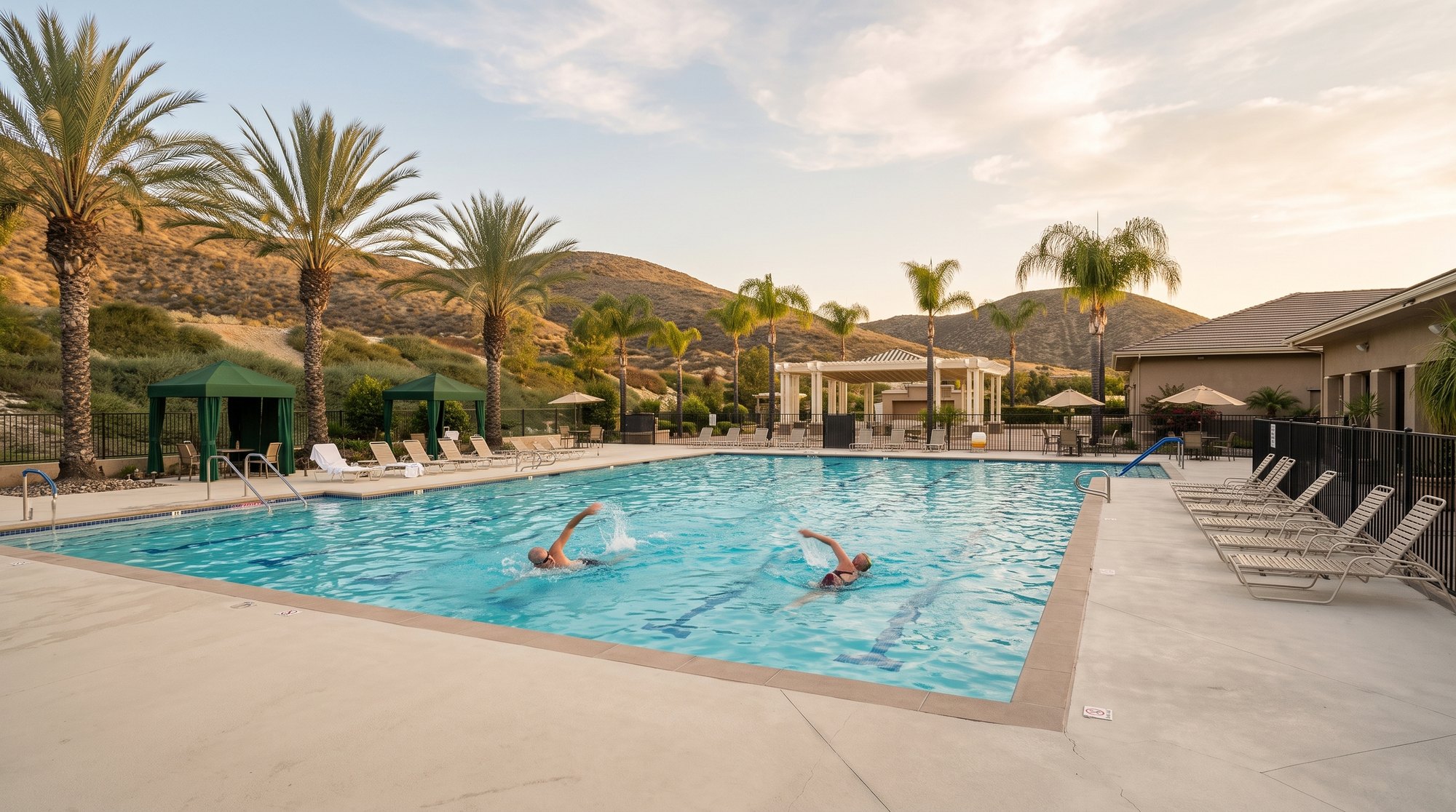 Two residents swimming laps in the clubhouse pool at The Oasis, a gated 55+ community in Menifee