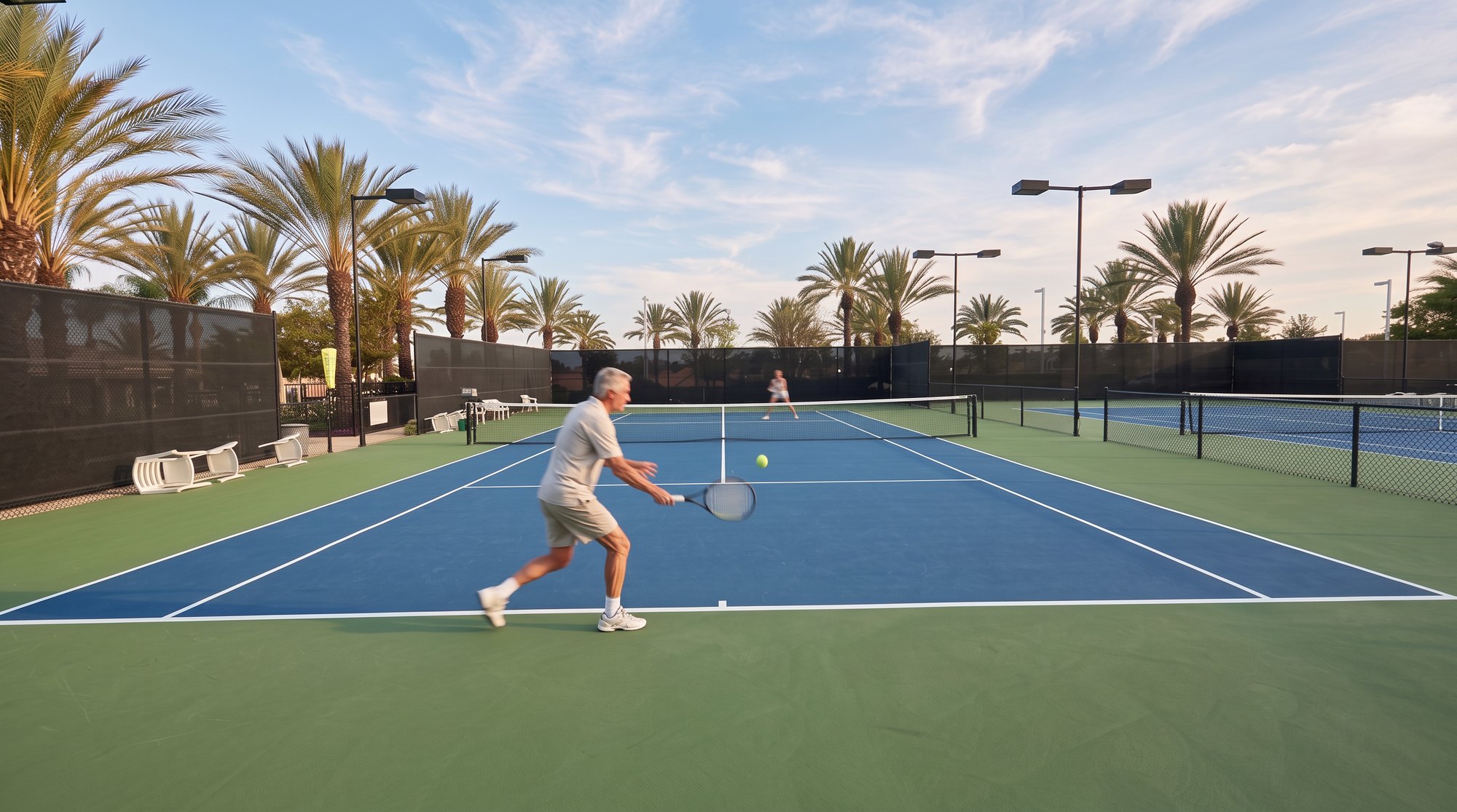 Two residents playing a singles match on the tennis courts at The Oasis 55+ community in Menifee