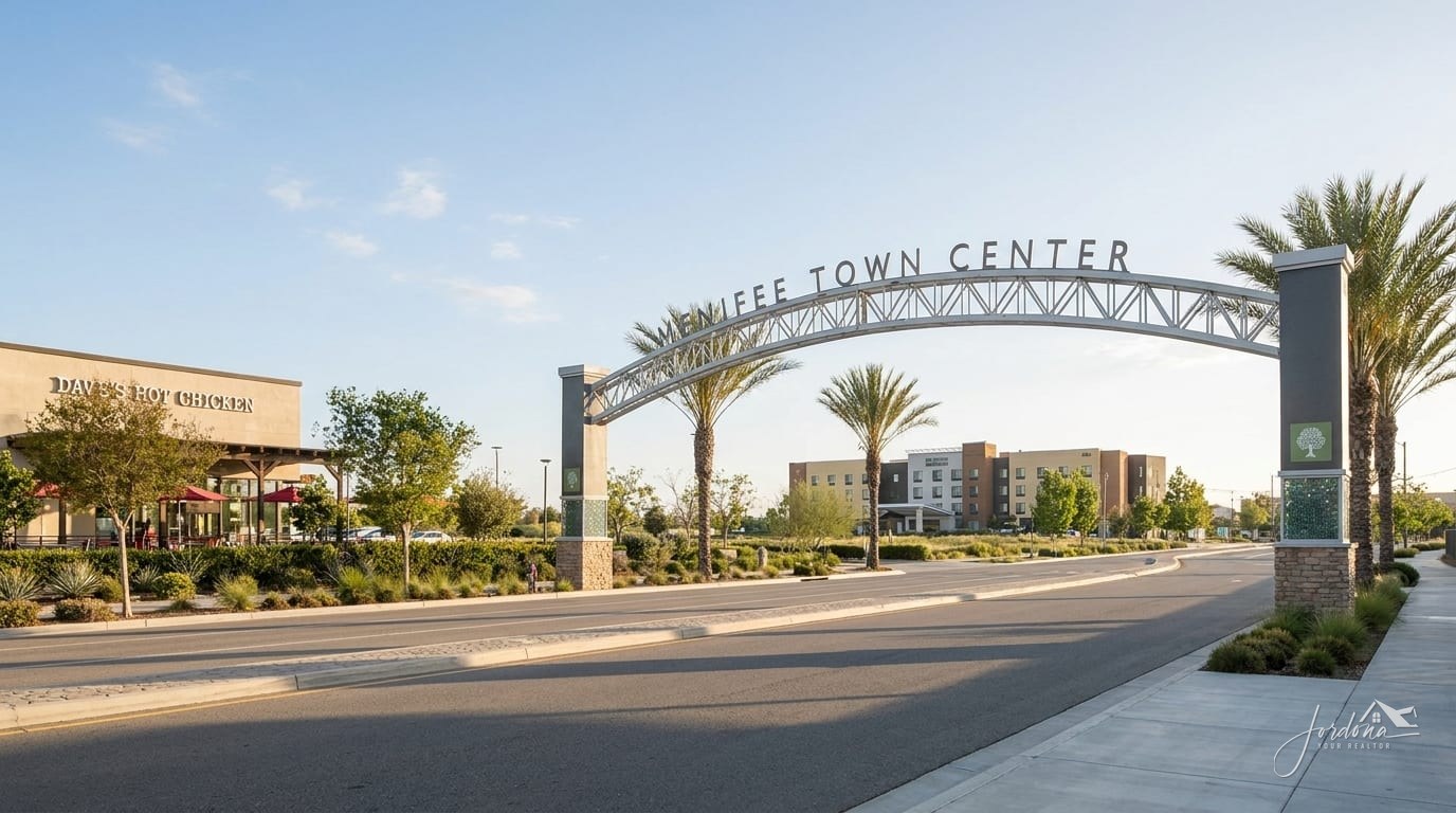 The Menifee Town Center arch over the road, lined with palms on a clear afternoon